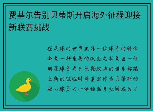 费基尔告别贝蒂斯开启海外征程迎接新联赛挑战 费基尔告别贝蒂斯开启海外征程迎接新联赛挑战