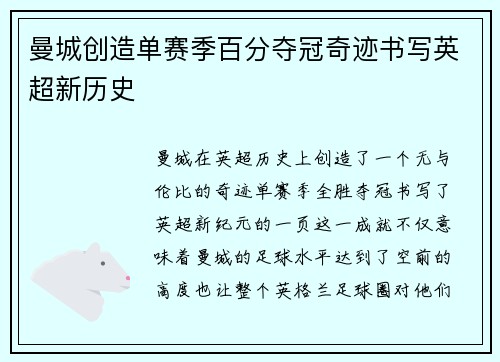 曼城创造单赛季百分夺冠奇迹书写英超新历史