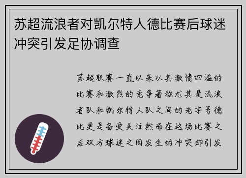 苏超流浪者对凯尔特人德比赛后球迷冲突引发足协调查 苏超流浪者对凯尔特人德比赛后球迷冲突引发足协调查
