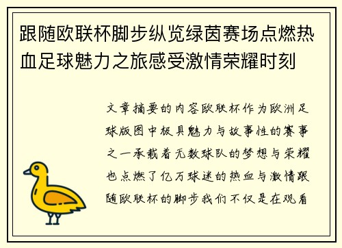 跟随欧联杯脚步纵览绿茵赛场点燃热血足球魅力之旅感受激情荣耀时刻